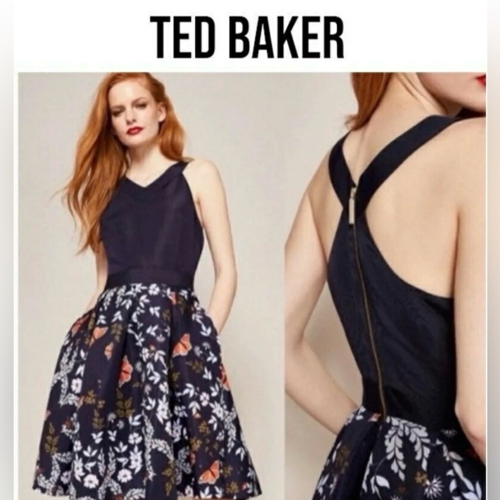 Ted Baker Bethah Kyoto Flora Butterfly Navy Fit  & Flare Sleeveless Party Dress